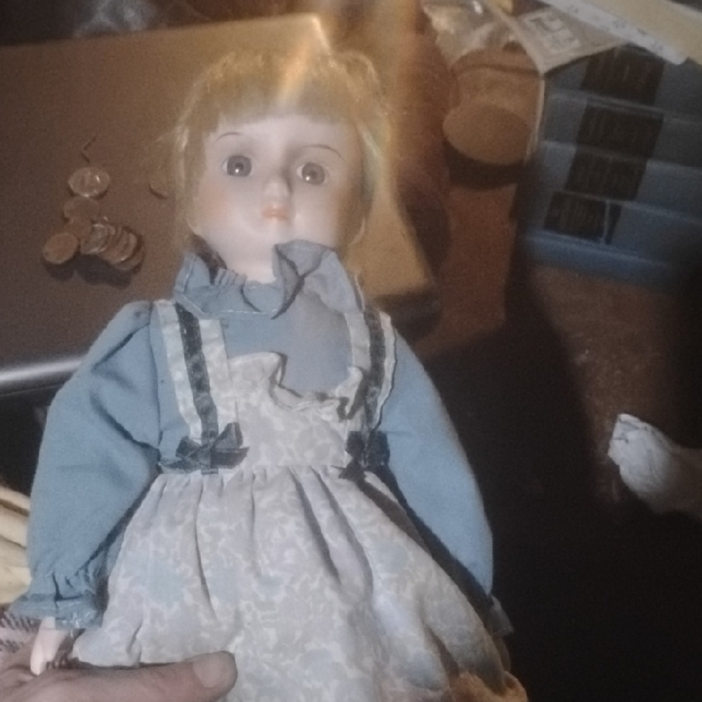 Vintage Style Porcelain Doll with Blue Dress